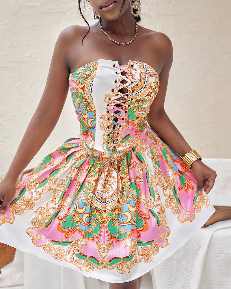 

Baroque Print Eyelet Lace-Up Bandeau Top & Pleated Skirt Set, Multicolor