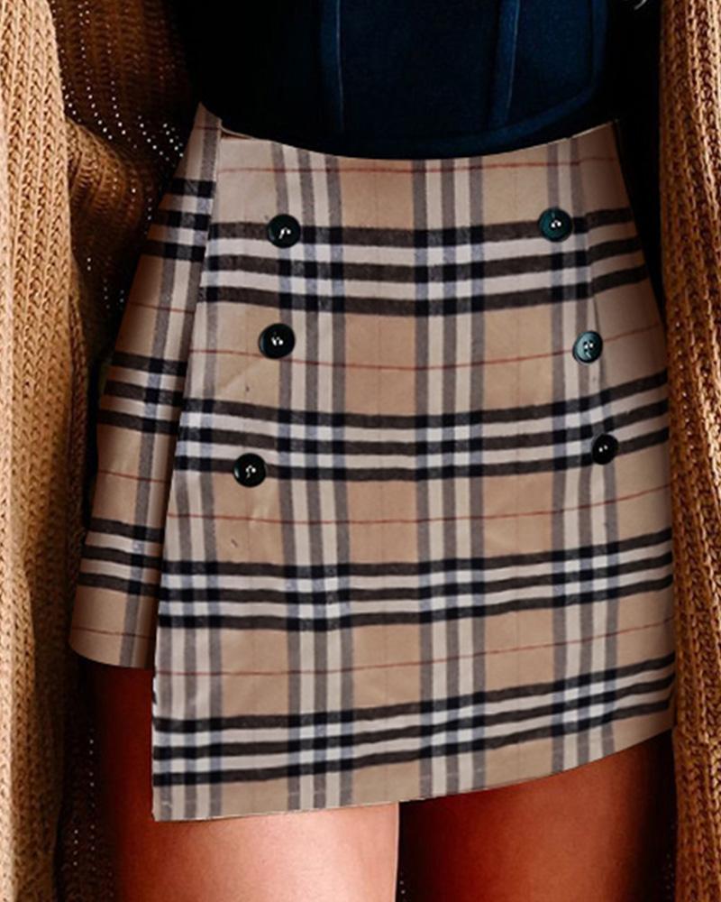 

Plaid Print Button Design High Waist Skirt, Brown