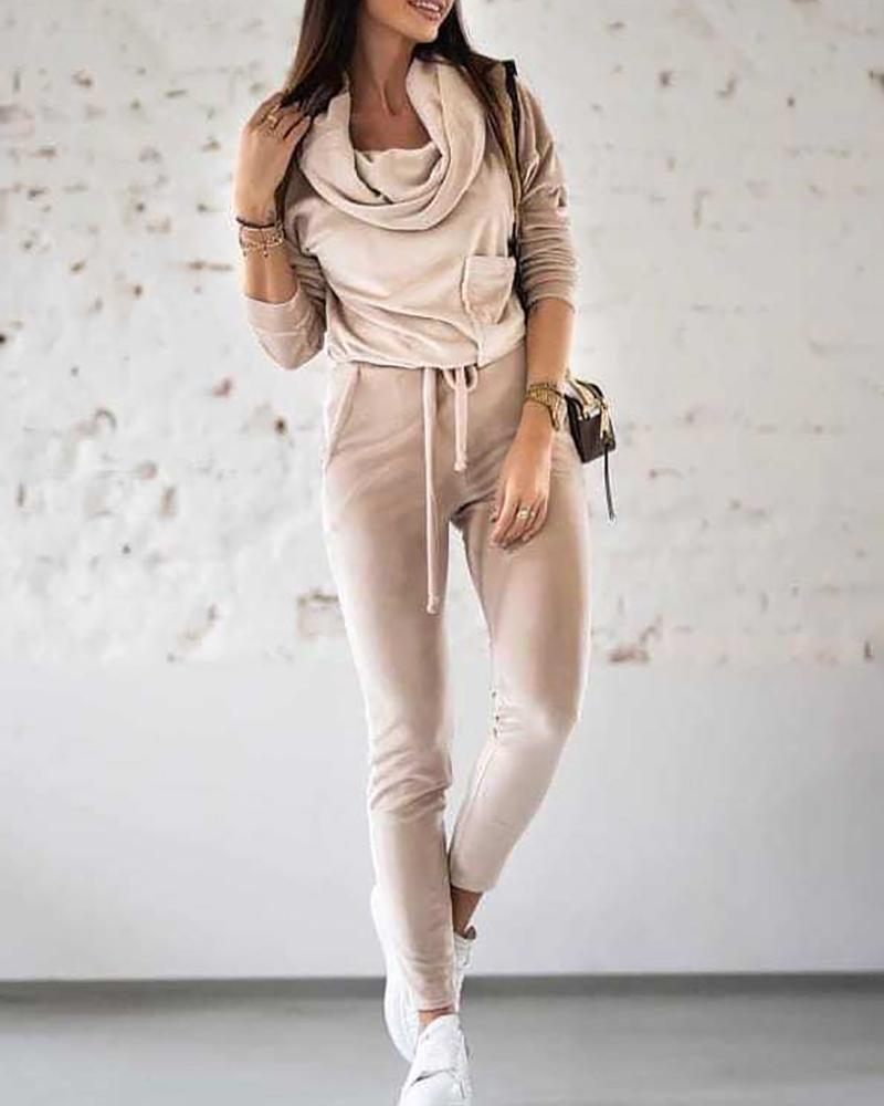 

Off Shoulder Pocket Design Velvet Drawstring Jumpsuit, Apricot