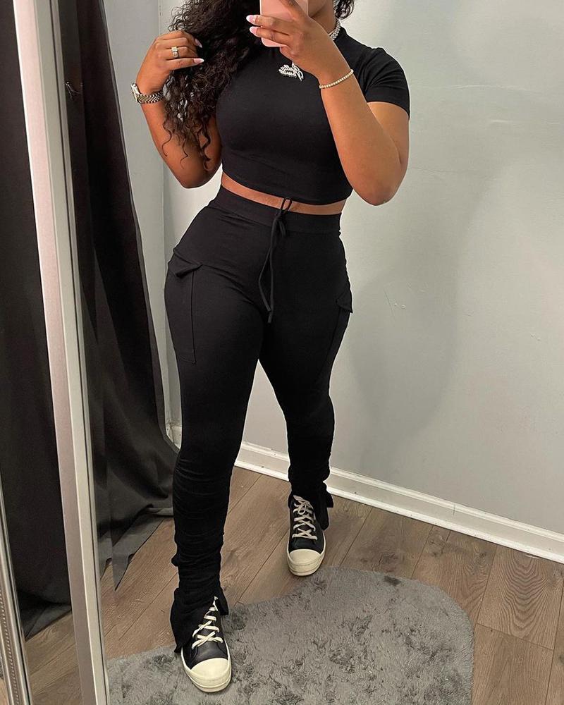 

Short Sleeve Top & Drawstring Slit Ruched Pants Set, Black