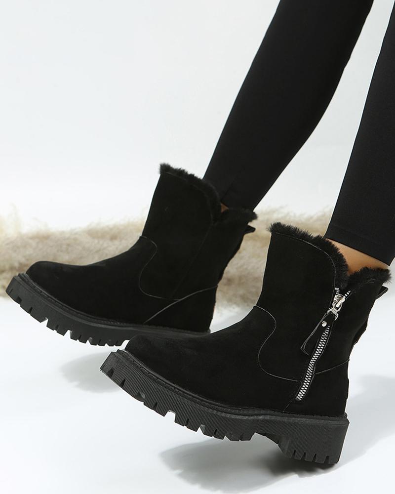 

Zipper Design Fluffy Trim Lined Ankle Boots, Black
