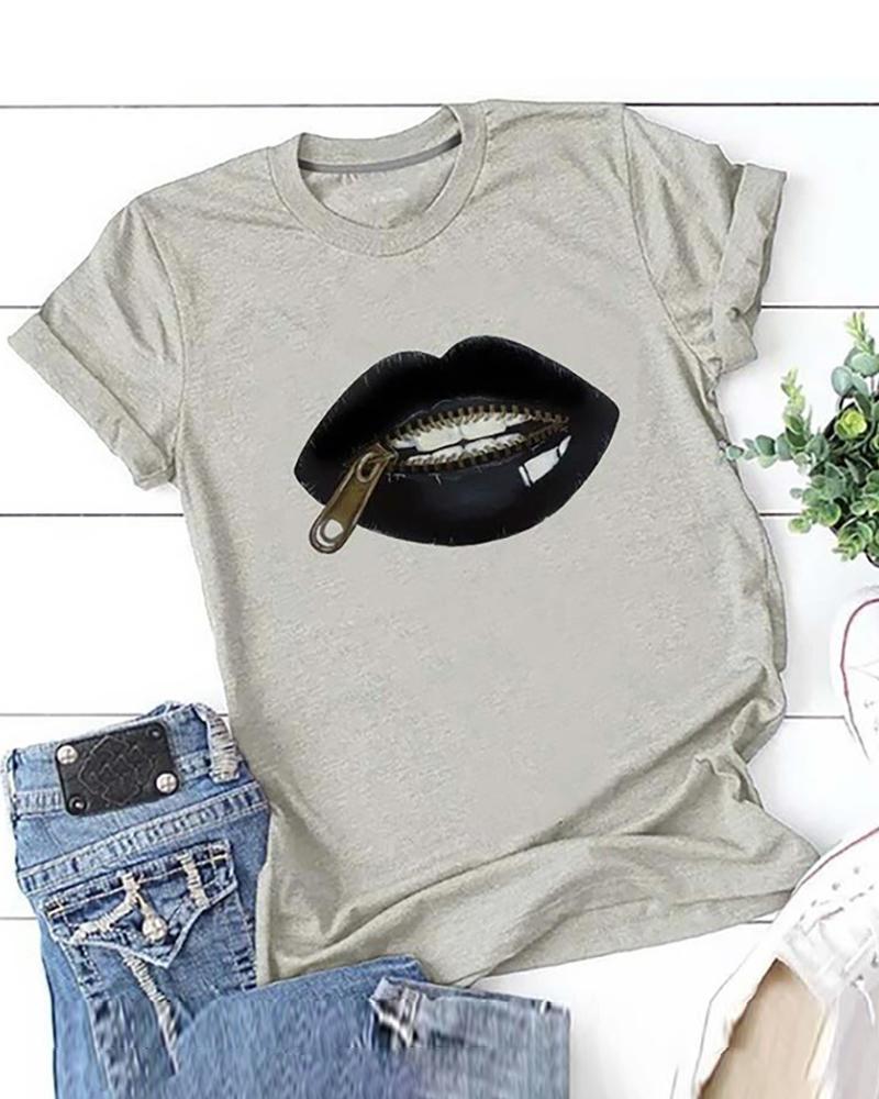 

Lip Zipper Print Short Sleeve Casual T-shirt, Gray
