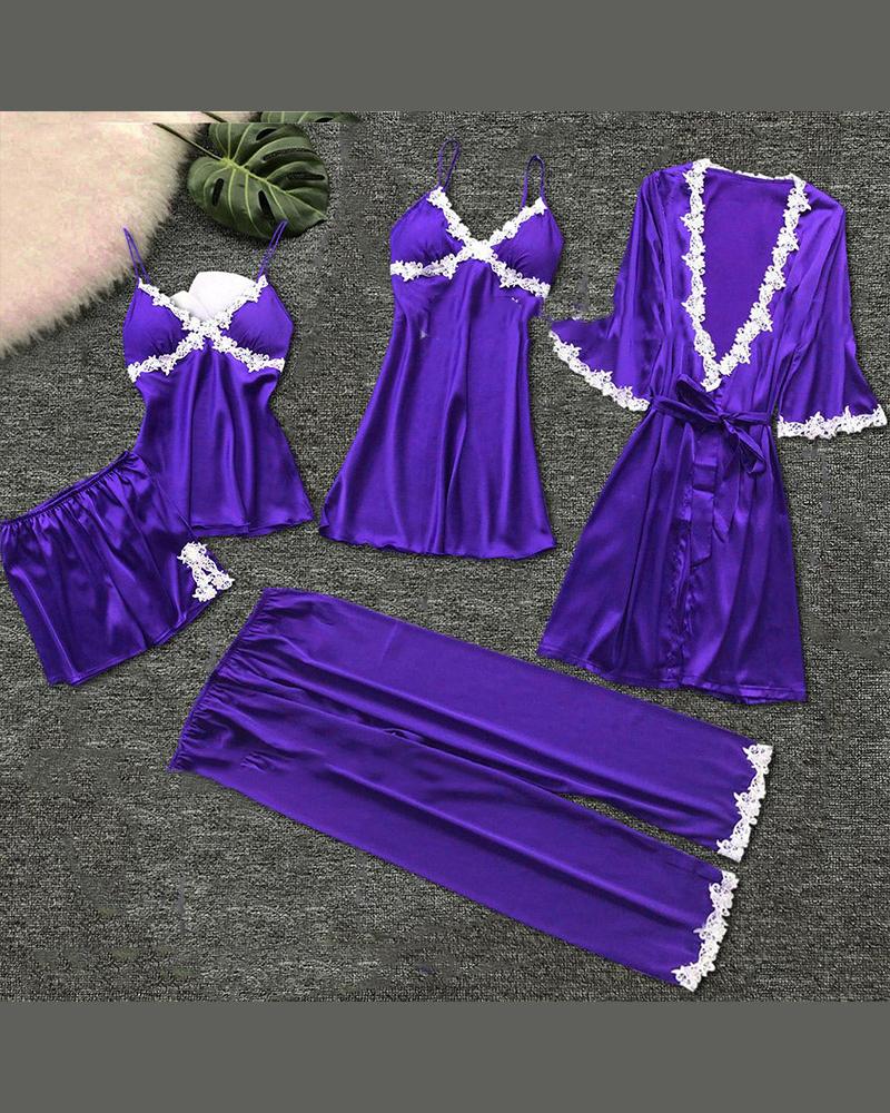 

Eyelash Lace Cami & Robe 5PCS Set, Purple