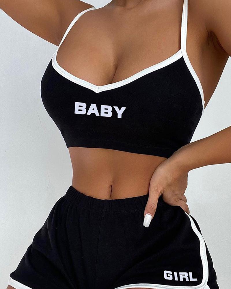 

Letter Print Colorblock Crop Top & Shorts Set, Black