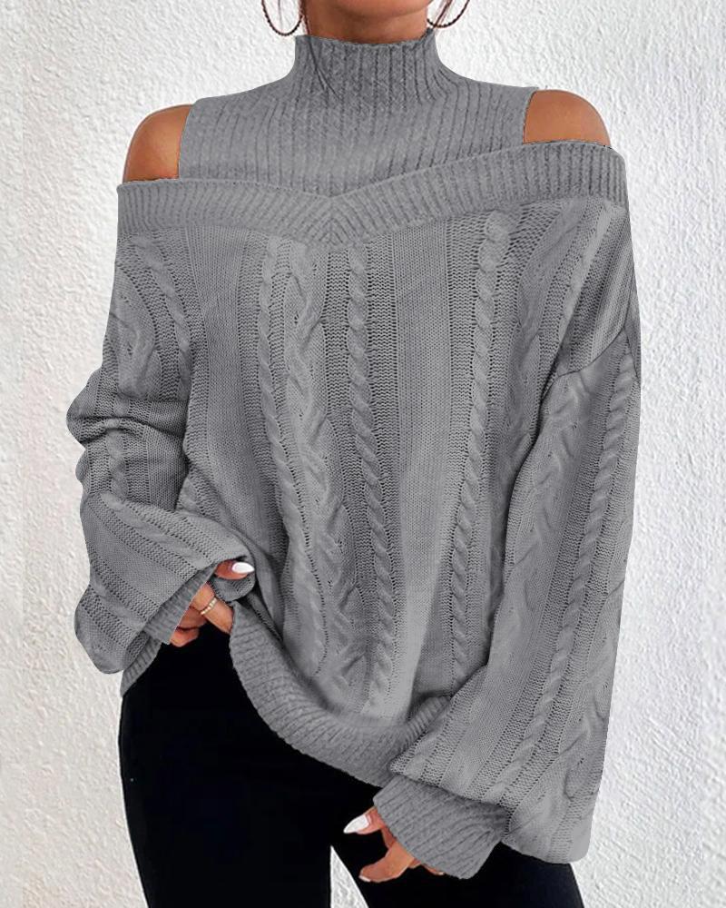 

Cold Shoulder Lantern Sleeve Braided Knit Sweater, Gray