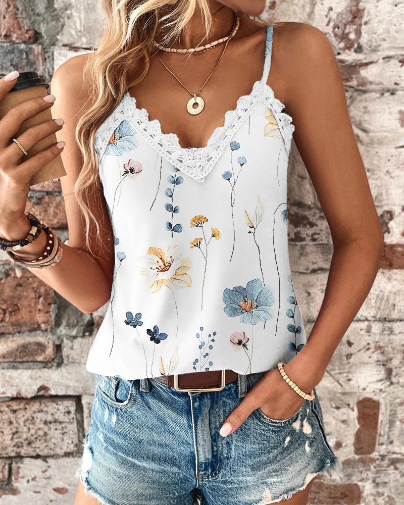 

Floral Print Lace Patch Tank Top, White
