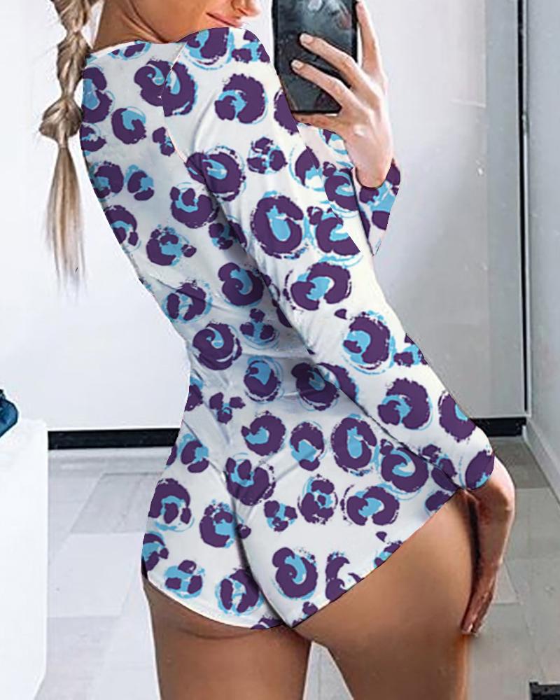 

Leopard Print Long Sleeve Onesie Romper, Blue
