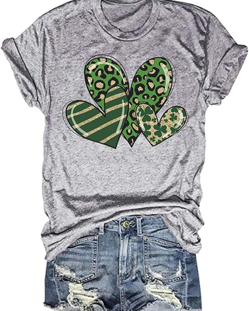

St. Patrick' Day Lucky Clover Print Round Neck Casual T-shirt, Style5