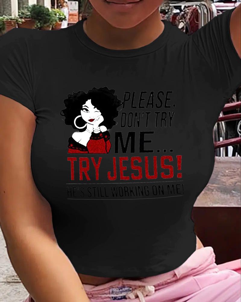 

Plus Size Letter Figure Print Short Sleeve Casual T-shirt, Black