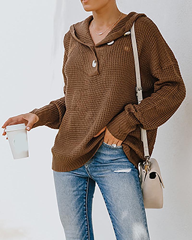 

Buttoned Long Sleeve Knit Hooded Sweater, Khaki
