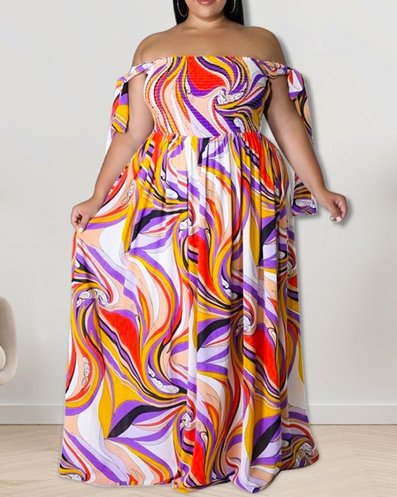 

Plus Size Abstract Print Tied Detail Shirred Maxi Dress, Orange