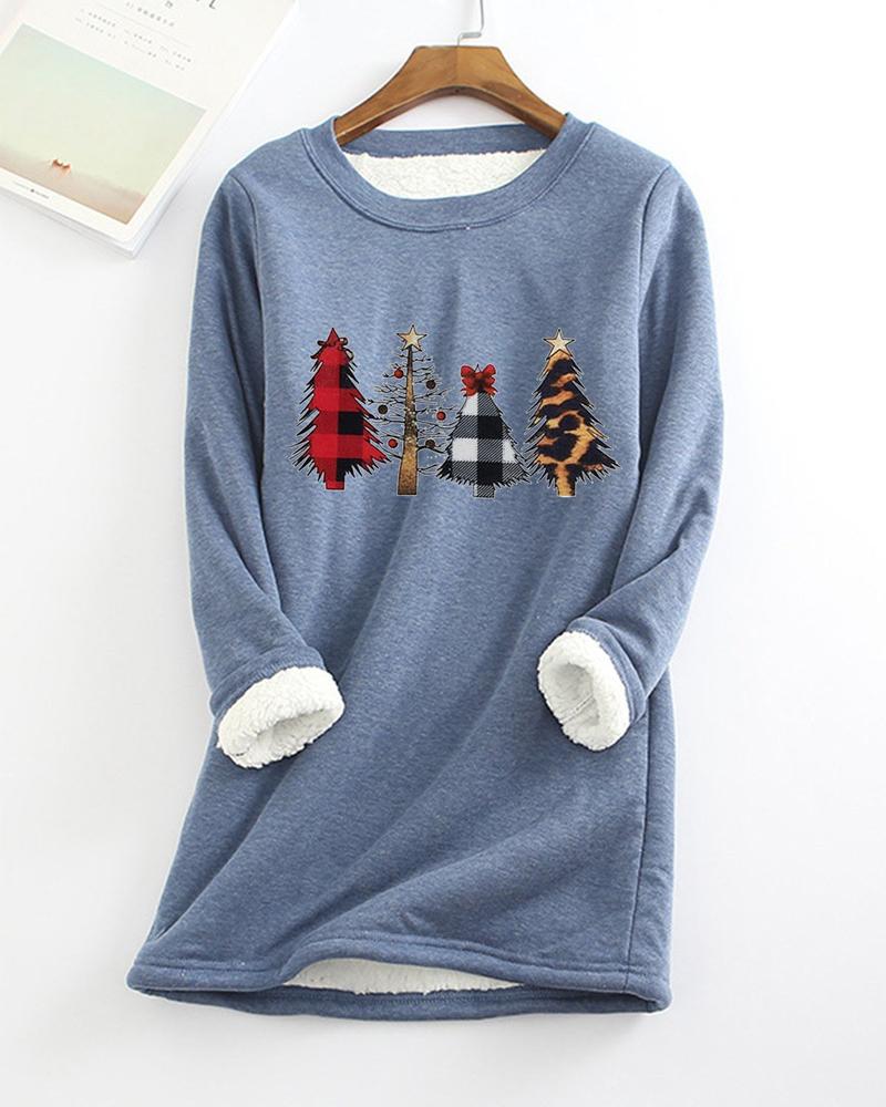 

Christmas Tree Print Thermal Warm Fleece Lined Sweatshirt, Blue