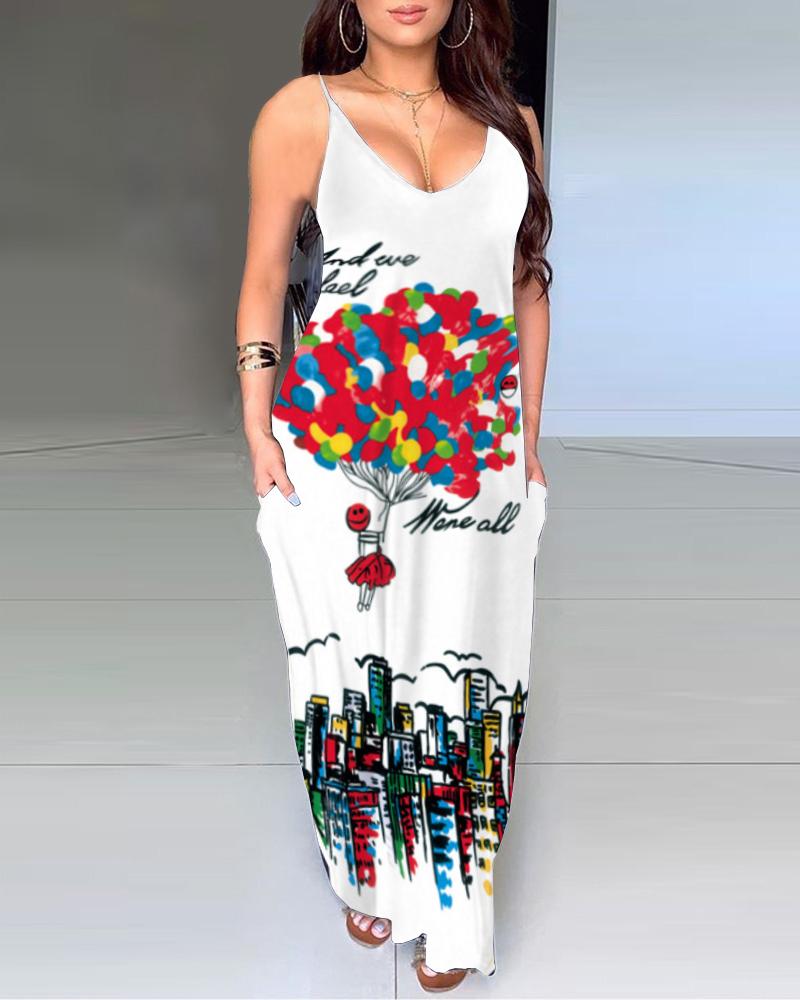 

Multicolor Lip & Letter Print Splicing Ink Splash Sling Maxi Dress, Style3