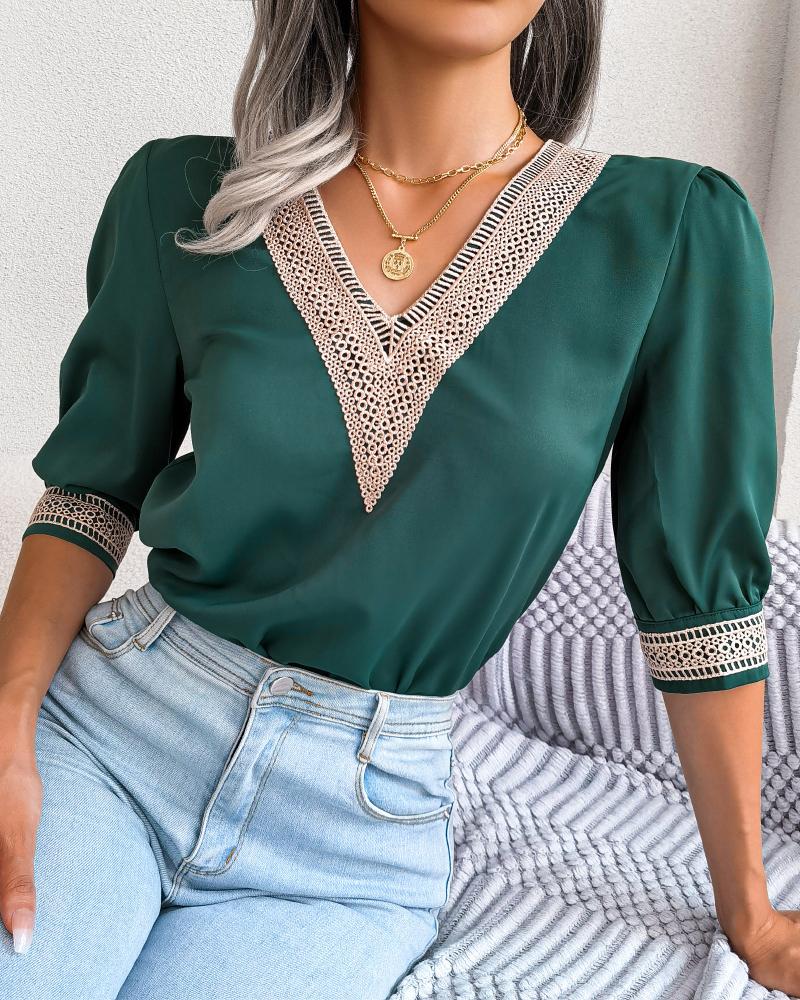 

Contrast Lace Puff Sleeve Top, Green