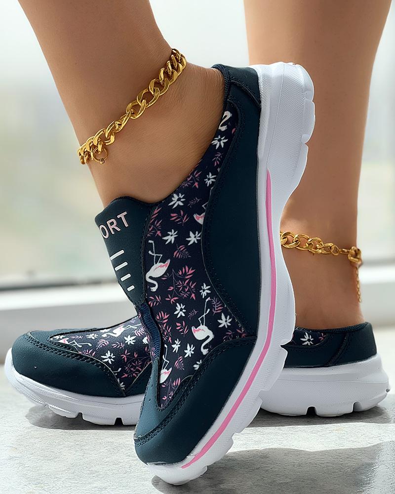 

Flamingo Graphic Print Sneakers Casual Mules, Purplish blue