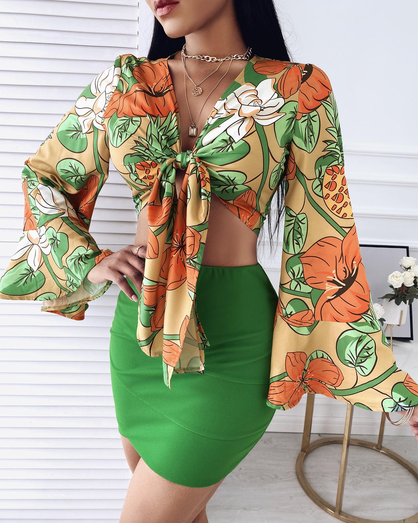 

Floral Print Tie Front Top & Skirt Set, Green