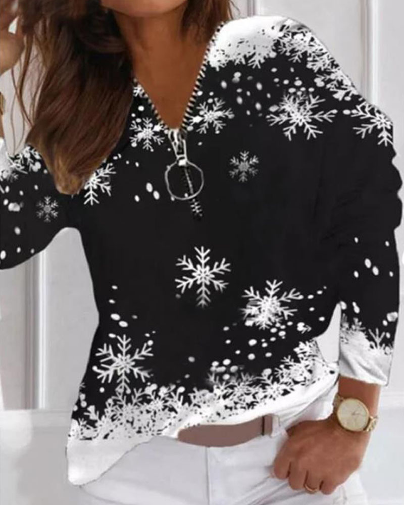 

Christmas Snowflake Print Zip Front Long Sleeve Top, Black