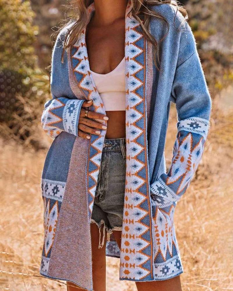 Aztec Geometric Print Longline Knit Cardigan