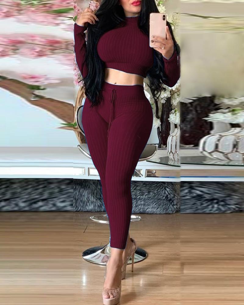 

Ribbed High Neck Top & Drawstring Pants Sets, Wine red