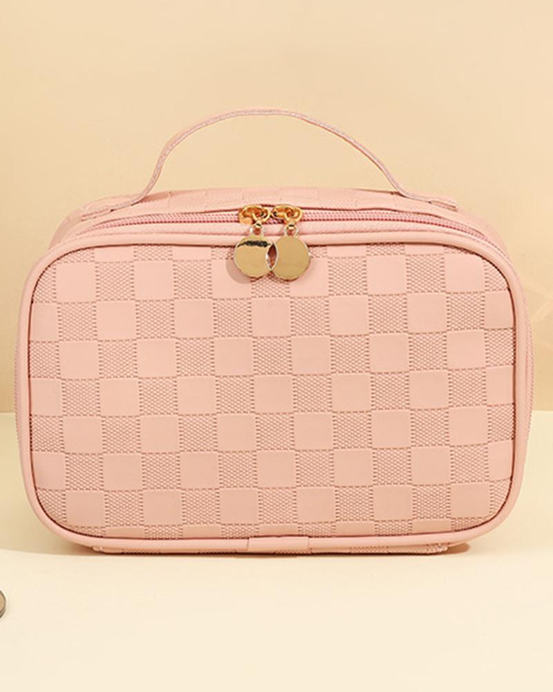 

Plaid Large Capacity Waterproof Travel Cosmetic Portable Case Organizer Makeup Bag Toiletry Bag, Pink