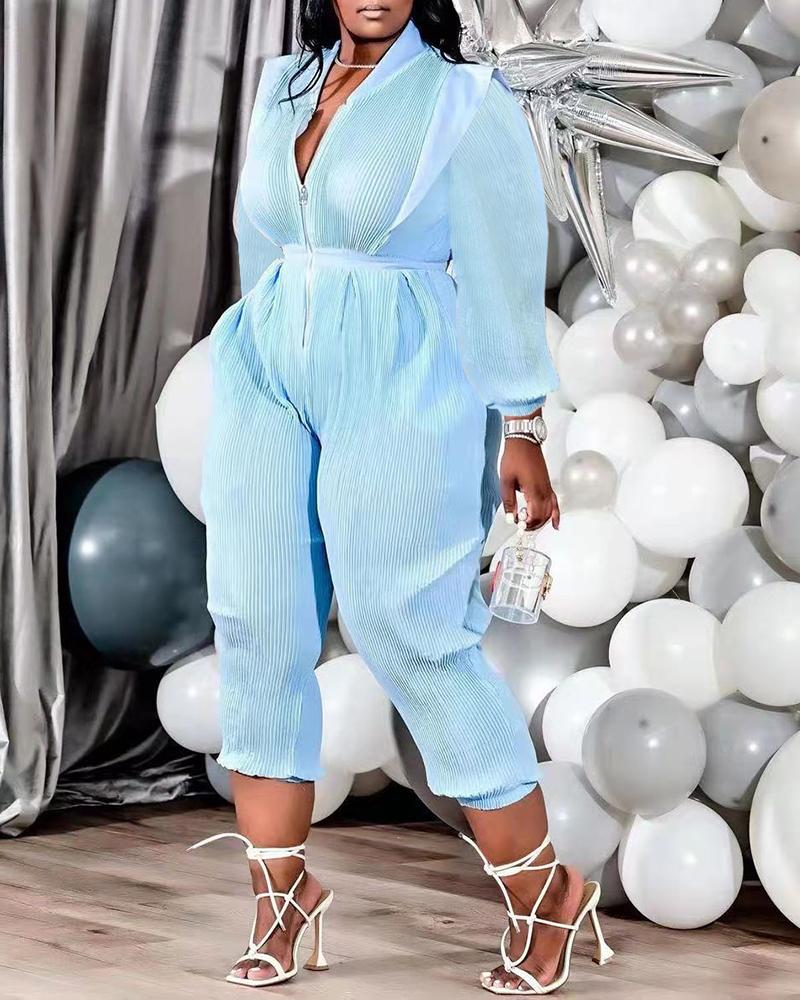 

Long Sleeve Zipper Pocket Design Jumpsuit, Blue