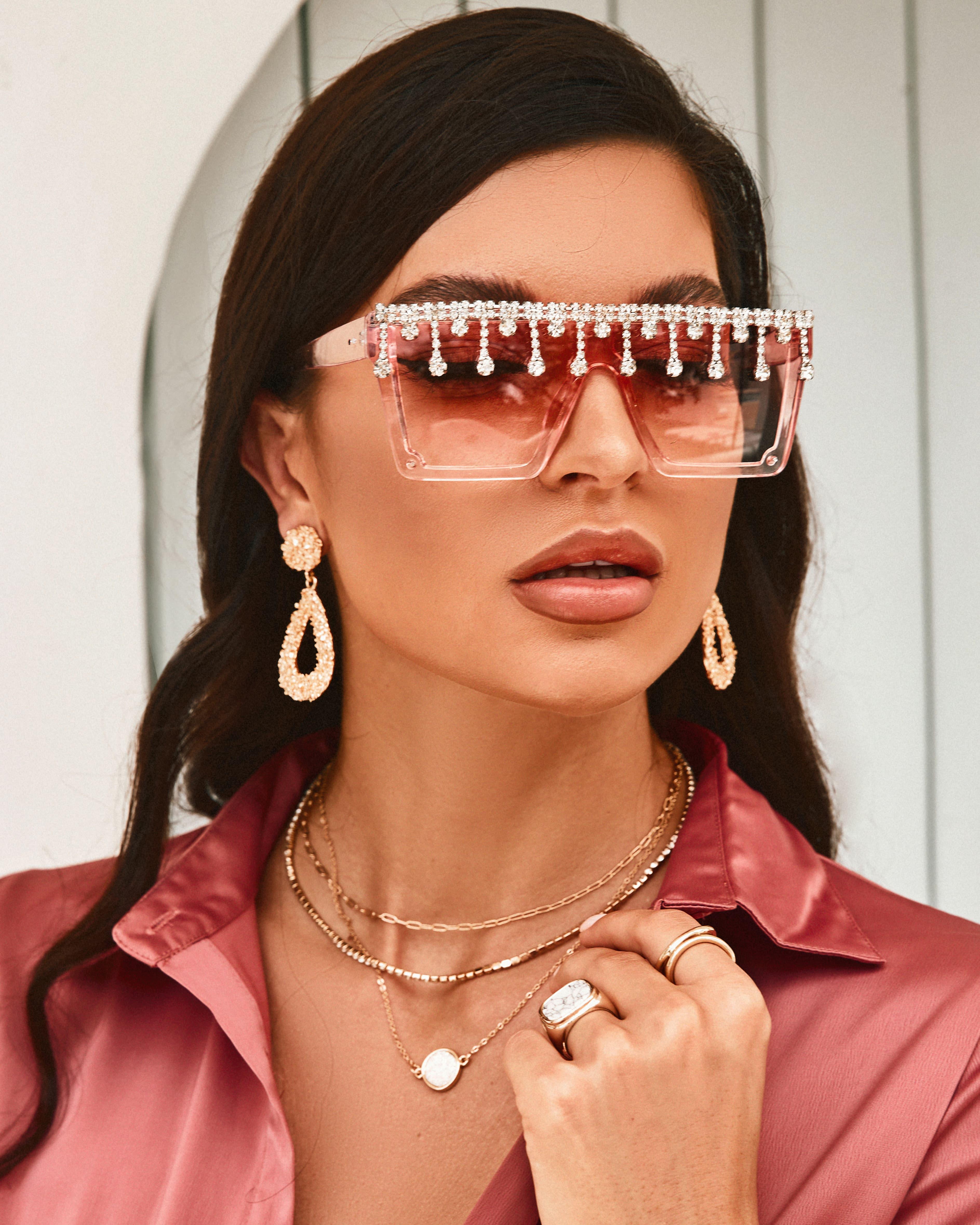 

1Pair Tassel Design Rhinestone Flat Top Sunglasses, Pink