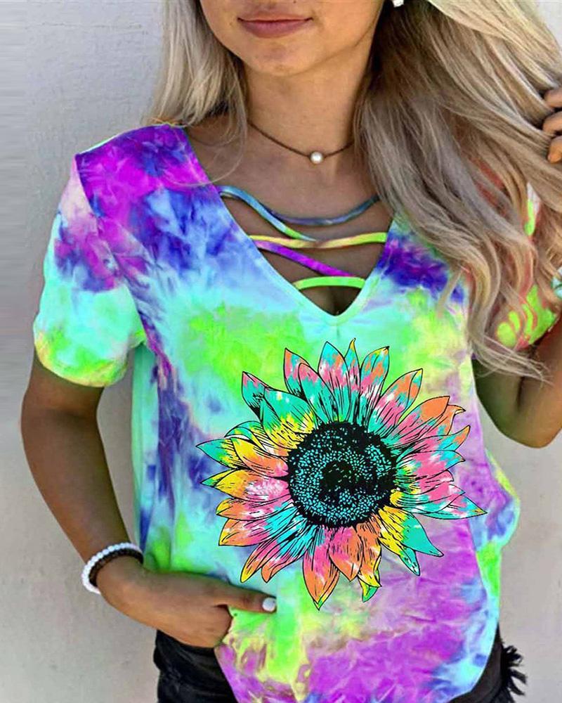 

Sunflower Print Colorblock Short Sleeve Casual T-shirt, Purple