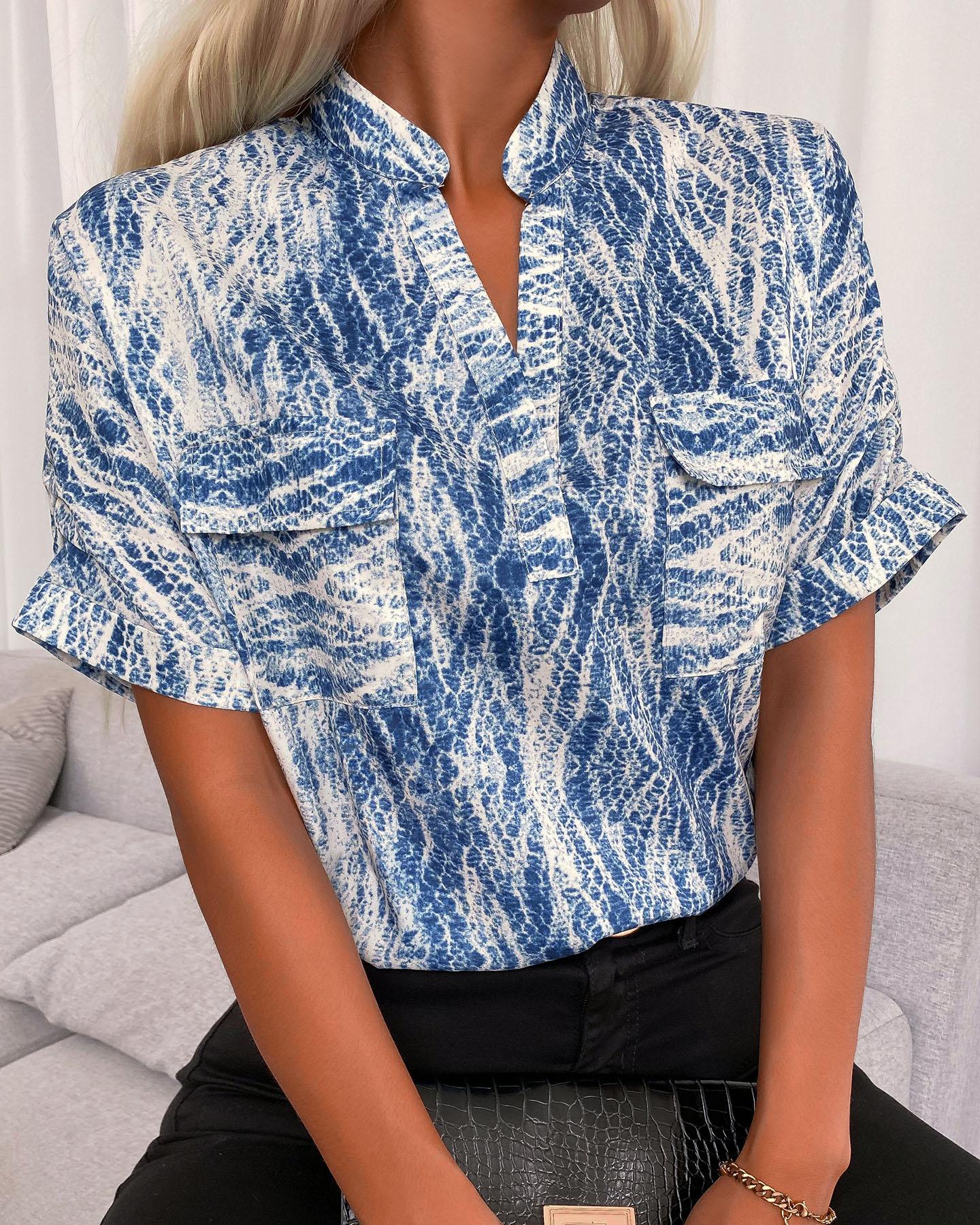 

Tie Dye Print Pocket Design Casual Top, Blue