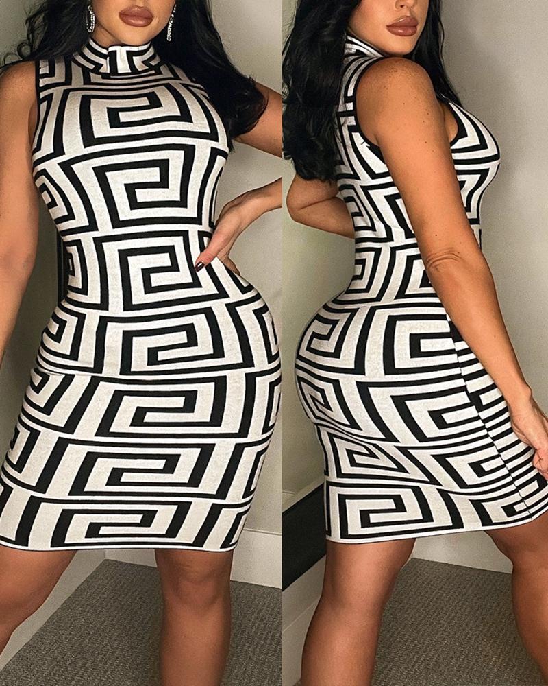 

High Neck Geometric Print Sleeveless Top & Skirt Set, Black