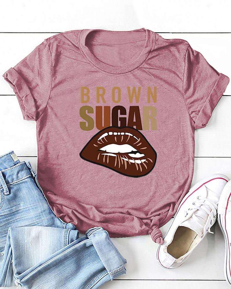 

Short Sleeve Lip Letter Print O Neck Casual T-shirt, Hot pink