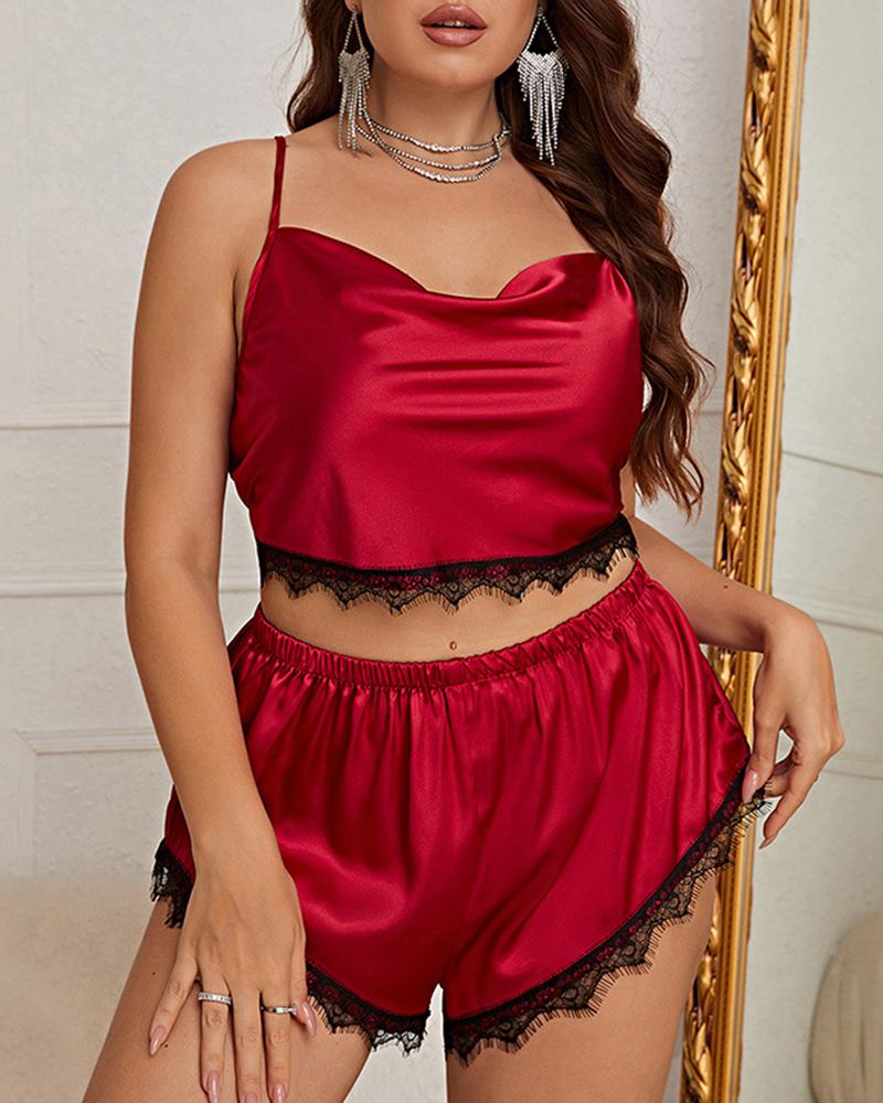 

Plus Size Lace Trim Cowl Neck Cami Set, Red