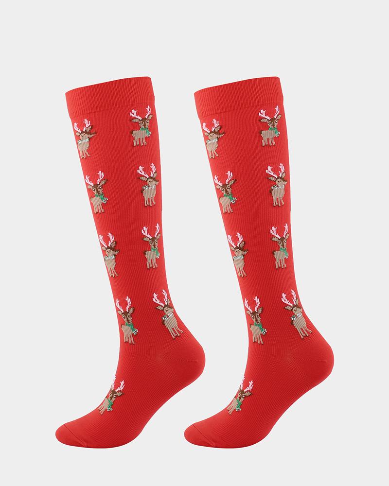 

1Pair Christmas Elk Print Long Socks, Red