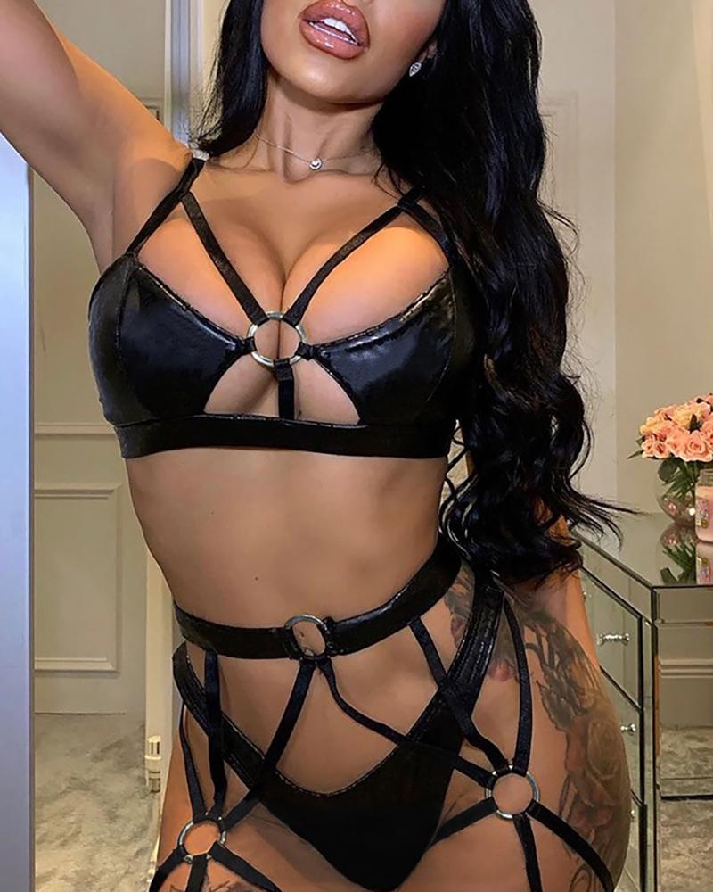 

O-Ring Decor Sleeveless PU Leather Garter Lingerie Set, Black