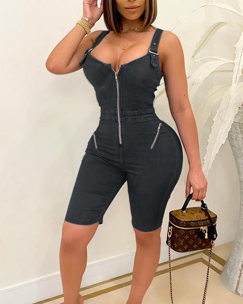 

Solid Color Splicing Zipper Sleeveless Rompers, Black