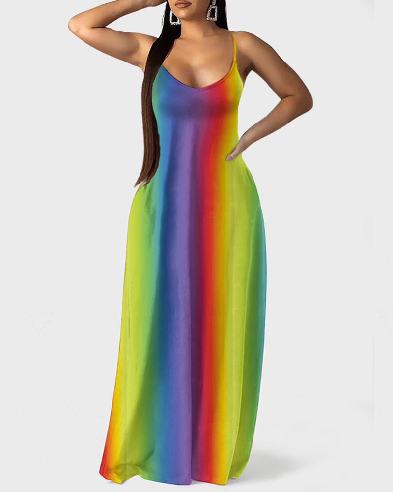 

Spaghetti Strap Rainbow Colorblock Maxi Dress, Blue