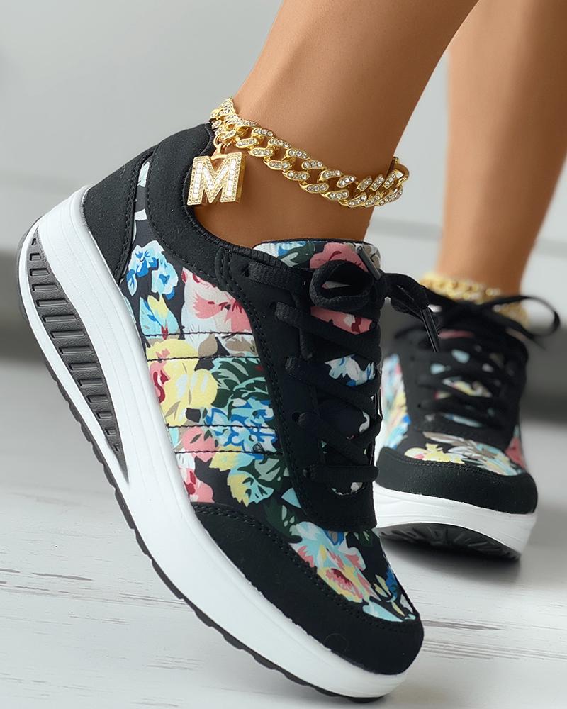 

Floral Print Lace-up Sneakers, Black