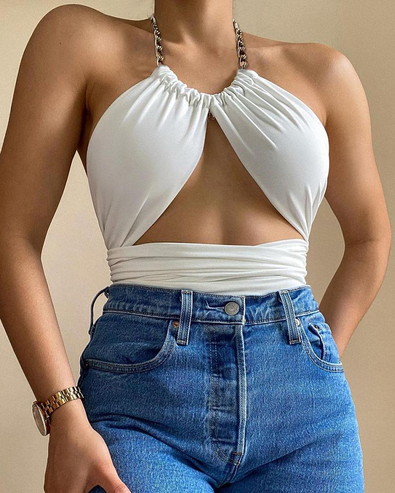 

Chain Strap Halter Cutout Front Top, White