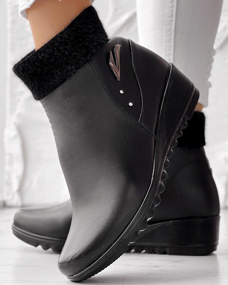 Fuzzy Detail Lined Wedge Ankle Boots