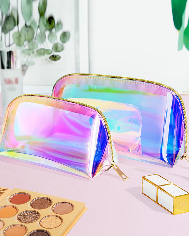 

2PCS Holographic Makeup Bag Cosmetic Travel Bag Portable Waterproof Iridescent Pouch Makeup Organizer, Multicolor