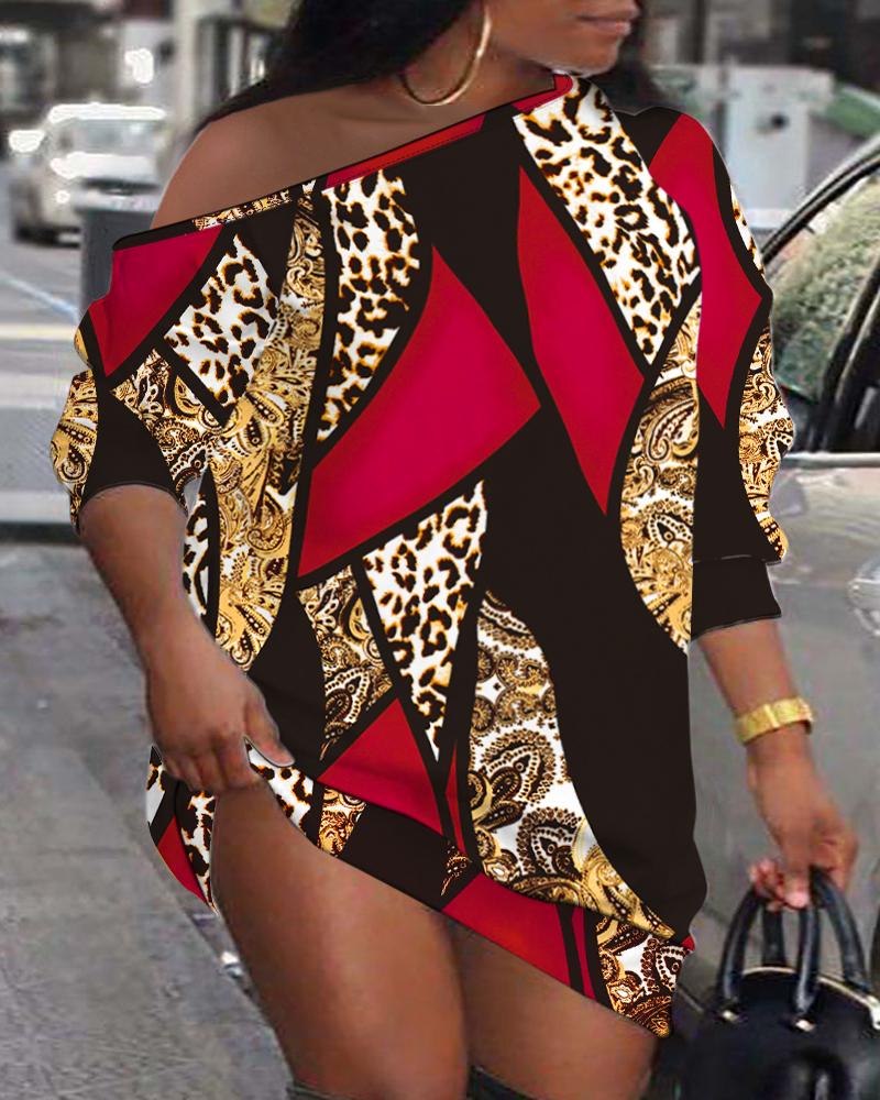 

Plus Size Leopard Baroque Print Casual Dress, Red