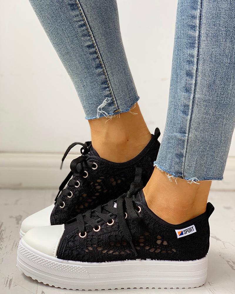 Colorblock Eyelet Hollow Out Lace-Up Sneakers