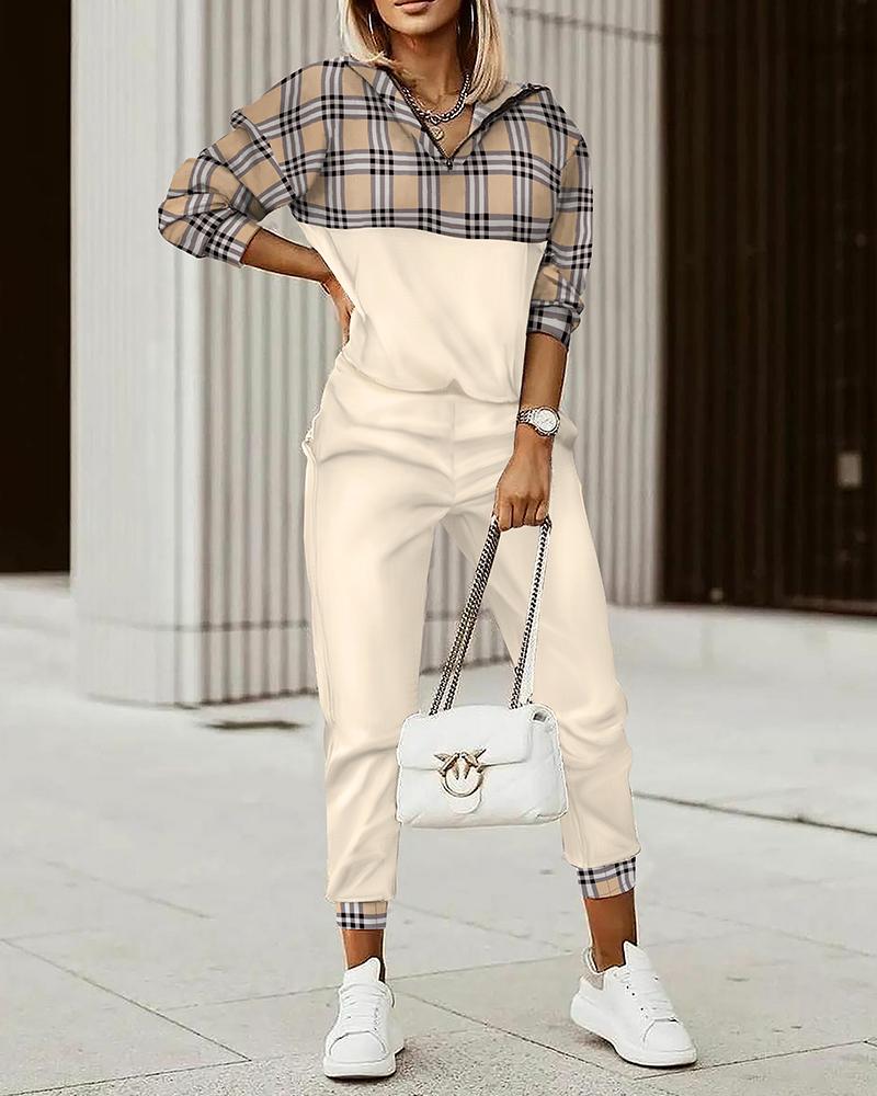 

Plaid Patch Zipper Front Hooded Top & Pants Set, Apricot