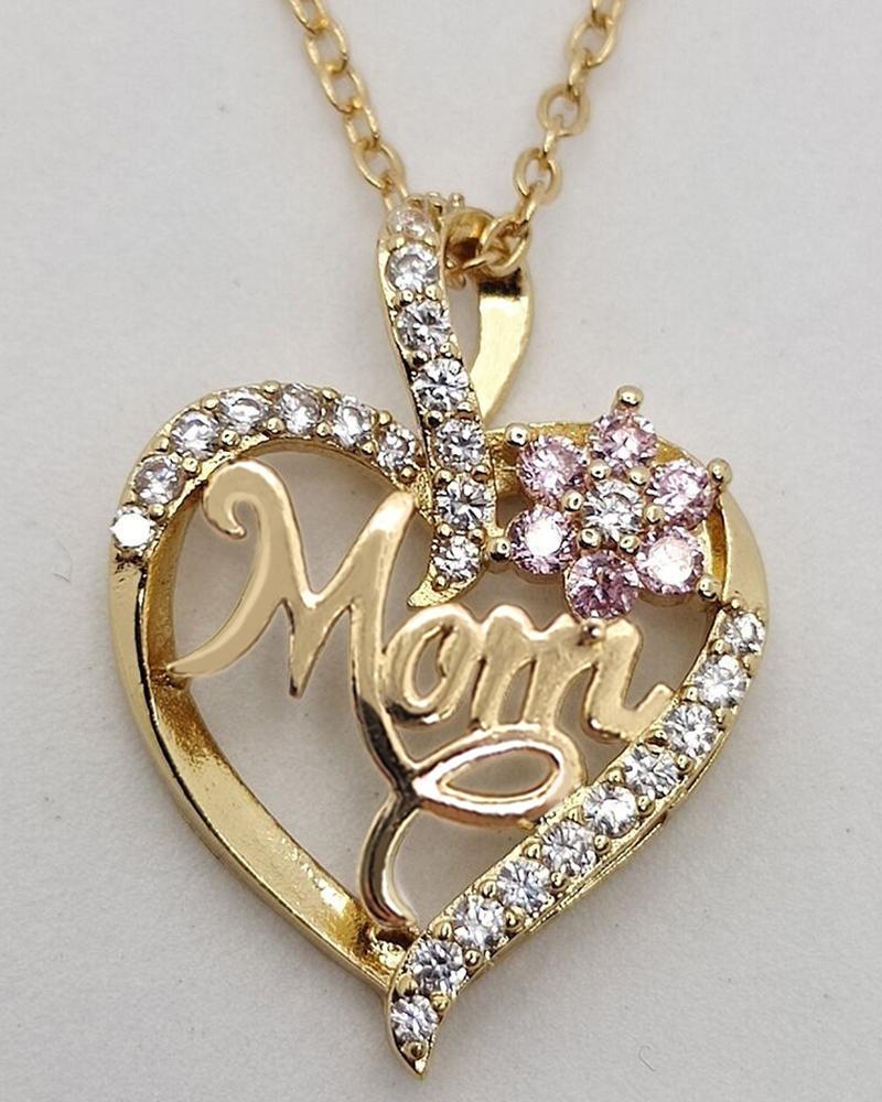 

1pc Mother's Day Rhinestone Mom Letter Hollow Out Heart Shaped Pendant Necklace, Gold