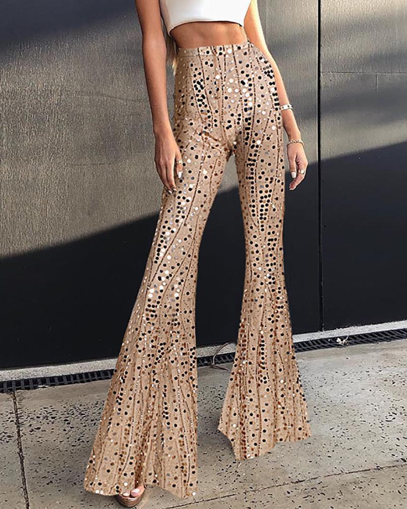 

High Waist Sequins Bootcut Pants, Gold