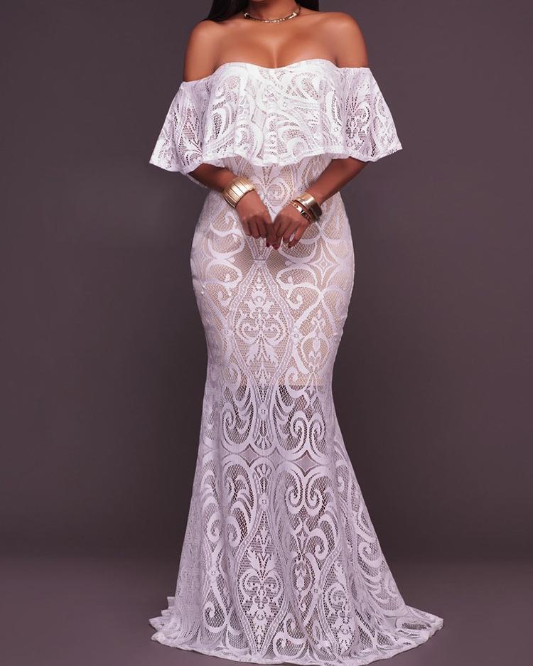 

Lace Ruffle Off Shoulder Mermaid Maxi Dress, White