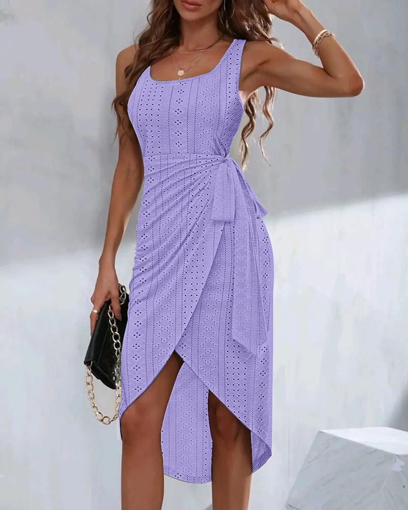 

Eyelet Embroidery Tied Detail Slit Casual Dress, Purple