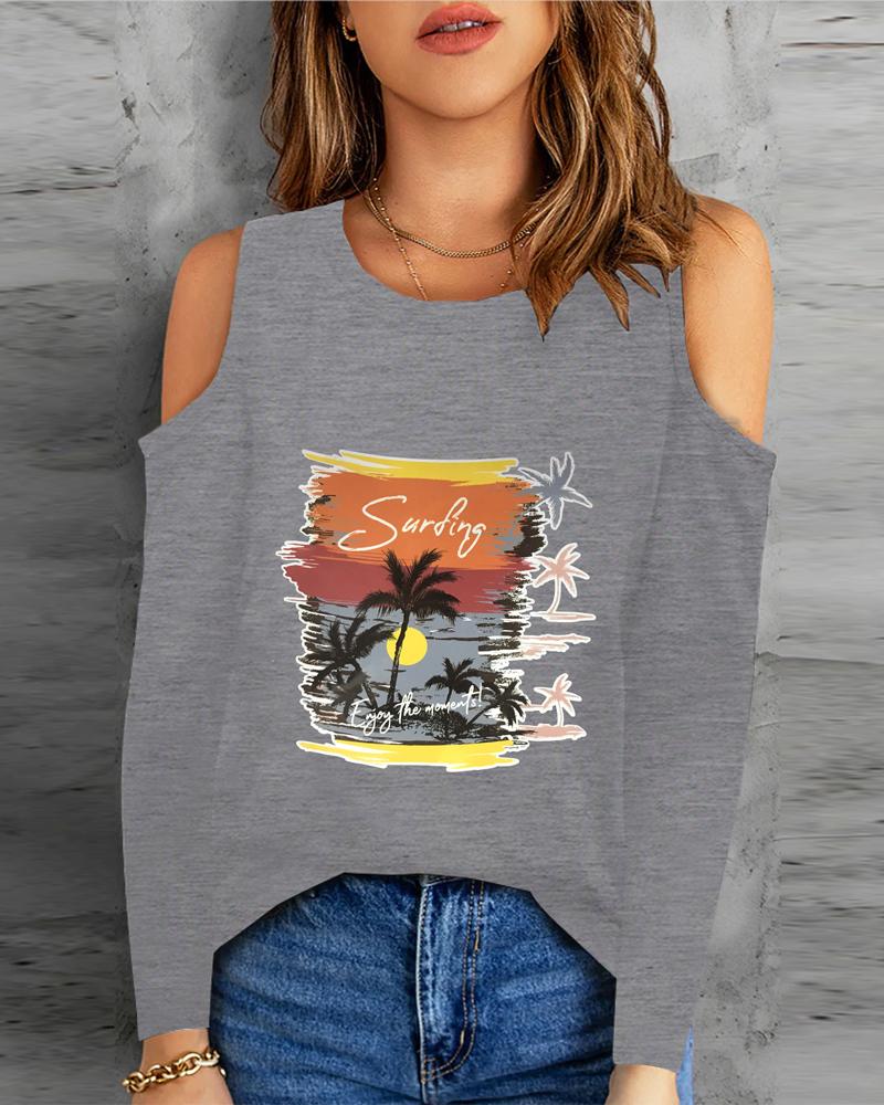 

Landscape Print Cold Shoulder Top, Gray