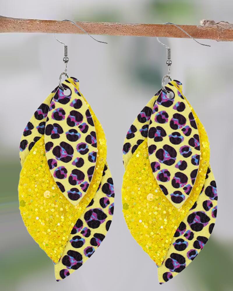 

1Pair Sequined Leopard Leaf Shaped Layered Earrings, Yellow