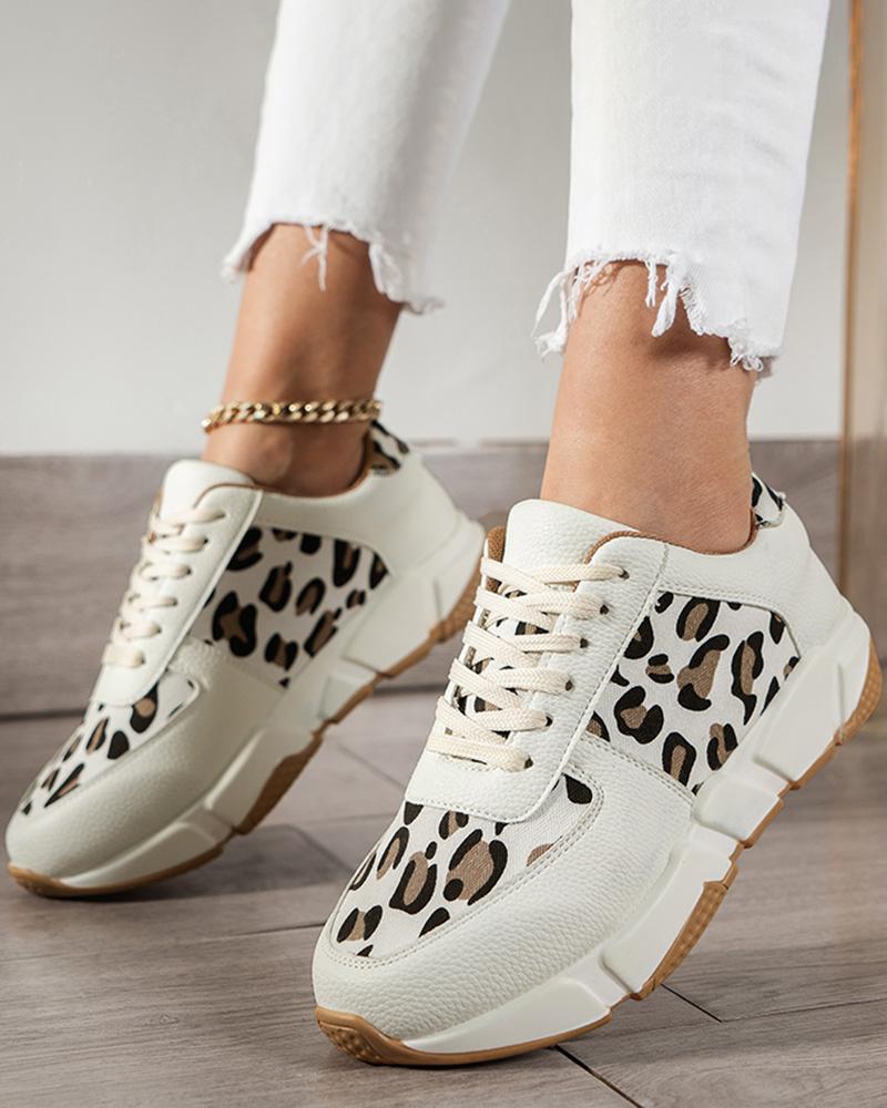 

Leopard Lace-up Running Sports Muffin Sneakers, White&leopard