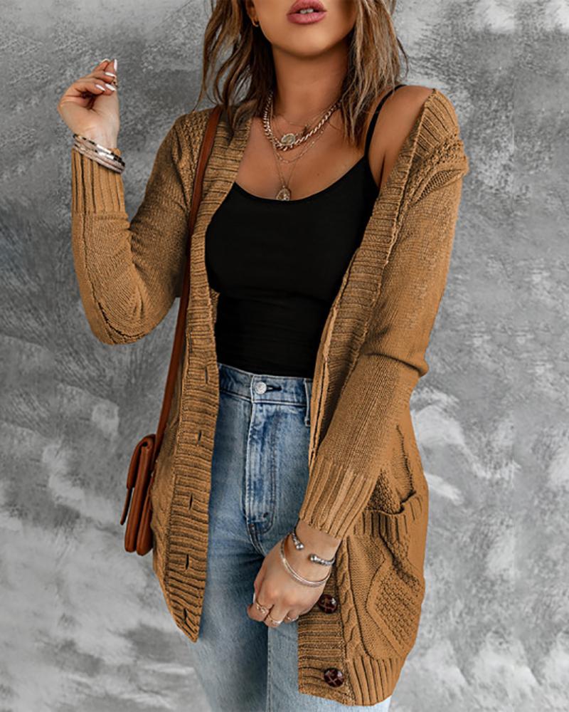 

Pocket Button Design Long Sleeve Braided Knit Cardigan, Khaki